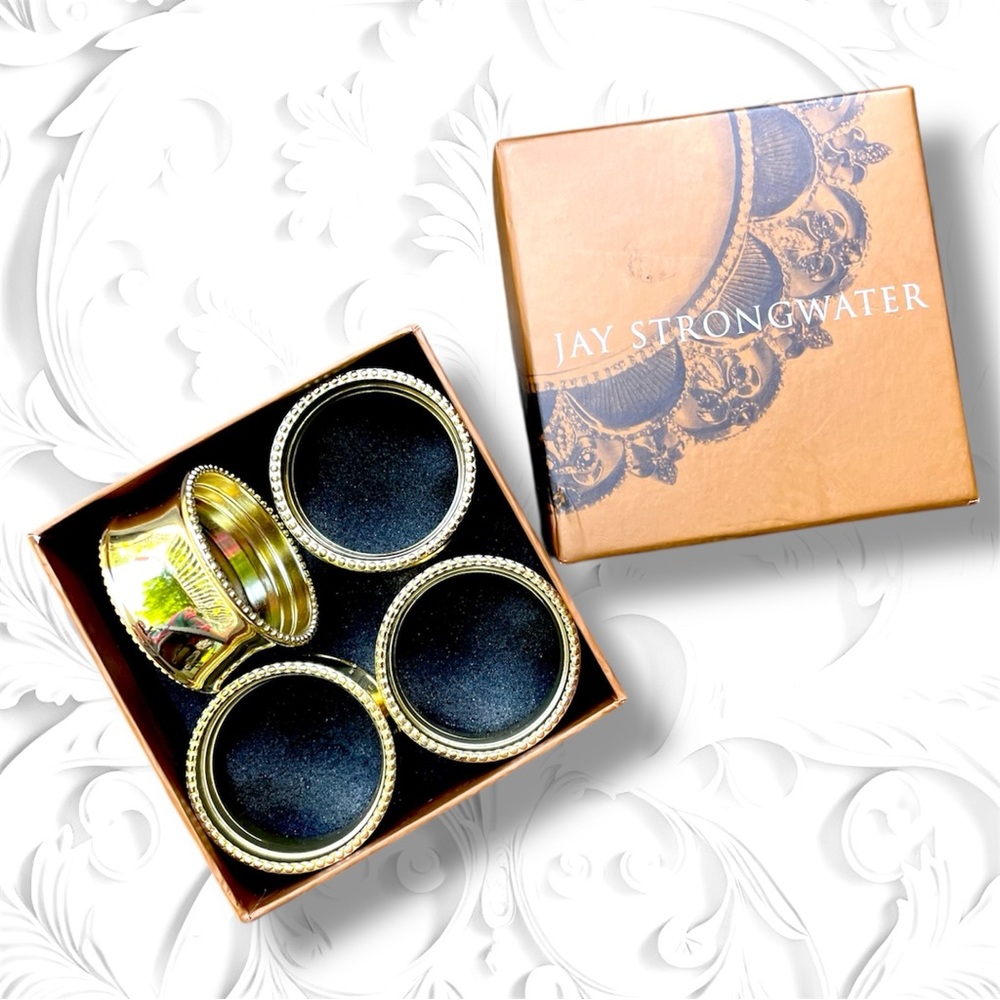 Jay Strongwater Hard 2 Find Brass Napkin Rings Classic Minimalist Unused Set/4
